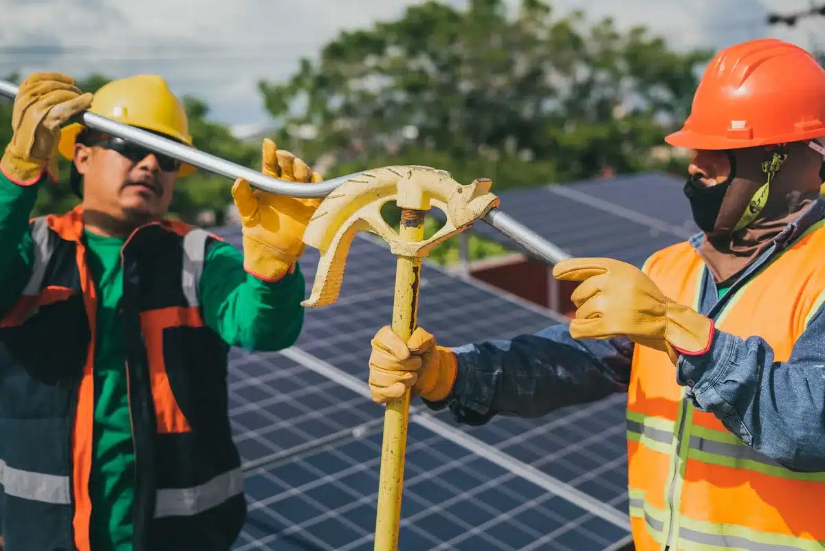 Trabajadores de diferentes edades en una obra de construcción colaborando.