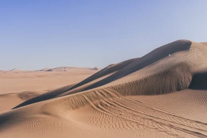 Dunas costeras y senda desierta al atardecer junto a la playa, figuras anónimas de espaldas