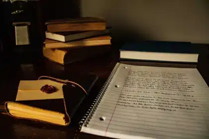 Escritorio vintage con libro cerrado, gafas y estanterías desenfocadas al fondo